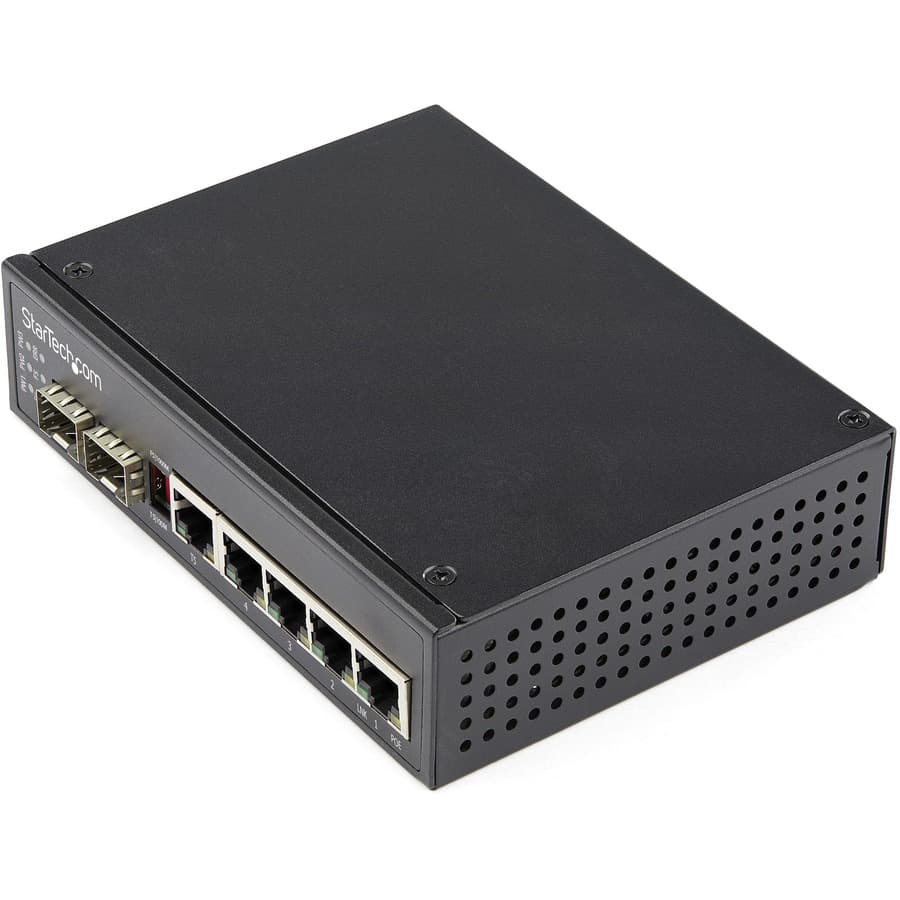 StarTech.com Industrial 6 Port Gigabit Ethernet Switch 4 PoE RJ45 +2 SFP Slots 30W PoE+ 48VDC 10/100/1000 Mbps -40C to 75C w/DIN Connector